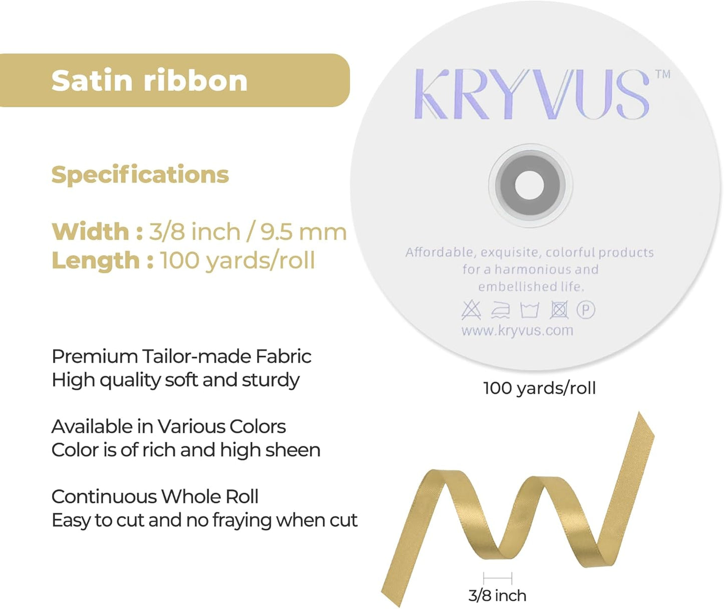 Light Gold Satin Ribbon 3/8 inch X Continuous 100 Yards, Single Face Polyester Ribbon Perfect for Gift Wrapping, Flower Bouquet, Wedding Decor, Crafts, Bow Making, Sewing and More