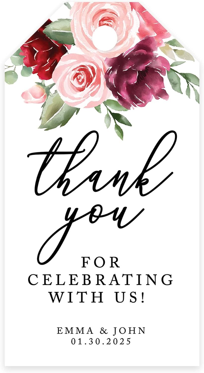 Andaz Press 100-Pack Personalized Thank You for Celebrating with Us Wedding Favor Tags with Bakers Twine Pink Burgundy Florals Custom Cardstock Wedding Gift Tags for Party Favors 2 x 3.75-Inches