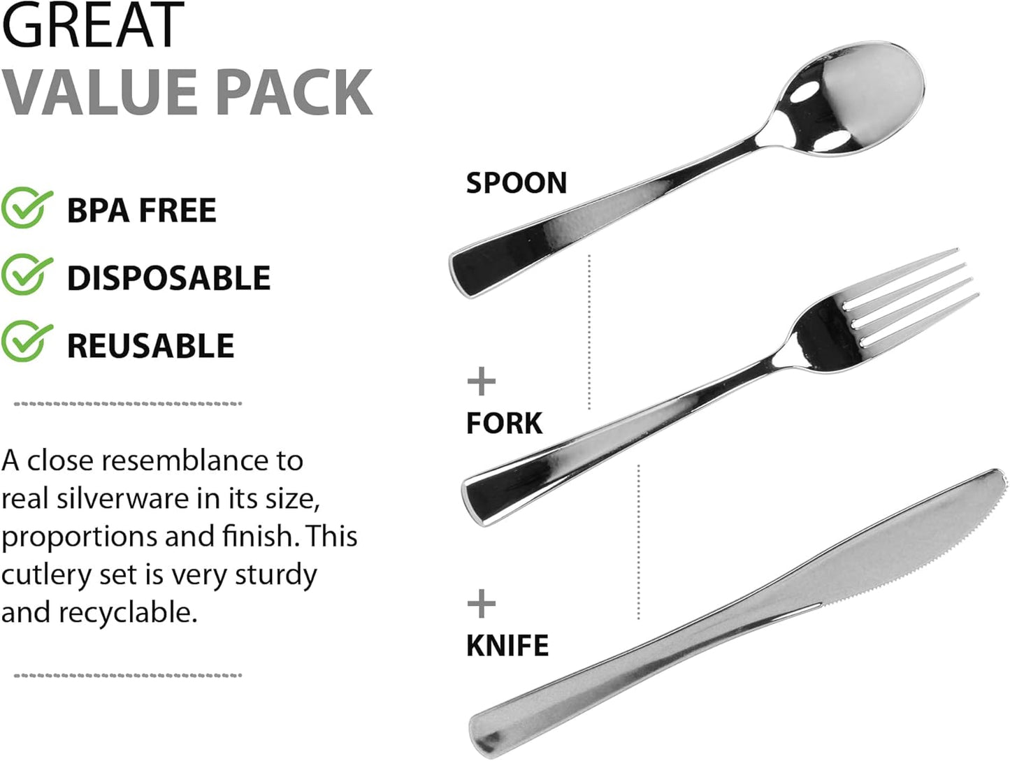 Plastic Cutlery Silverware Extra Heavyweight Disposable Flatware, Full Size Cutlery Combo, Polished Silver, 80 Forks, 40 Spoons, 40 Knifes, Value Pack 160 Count