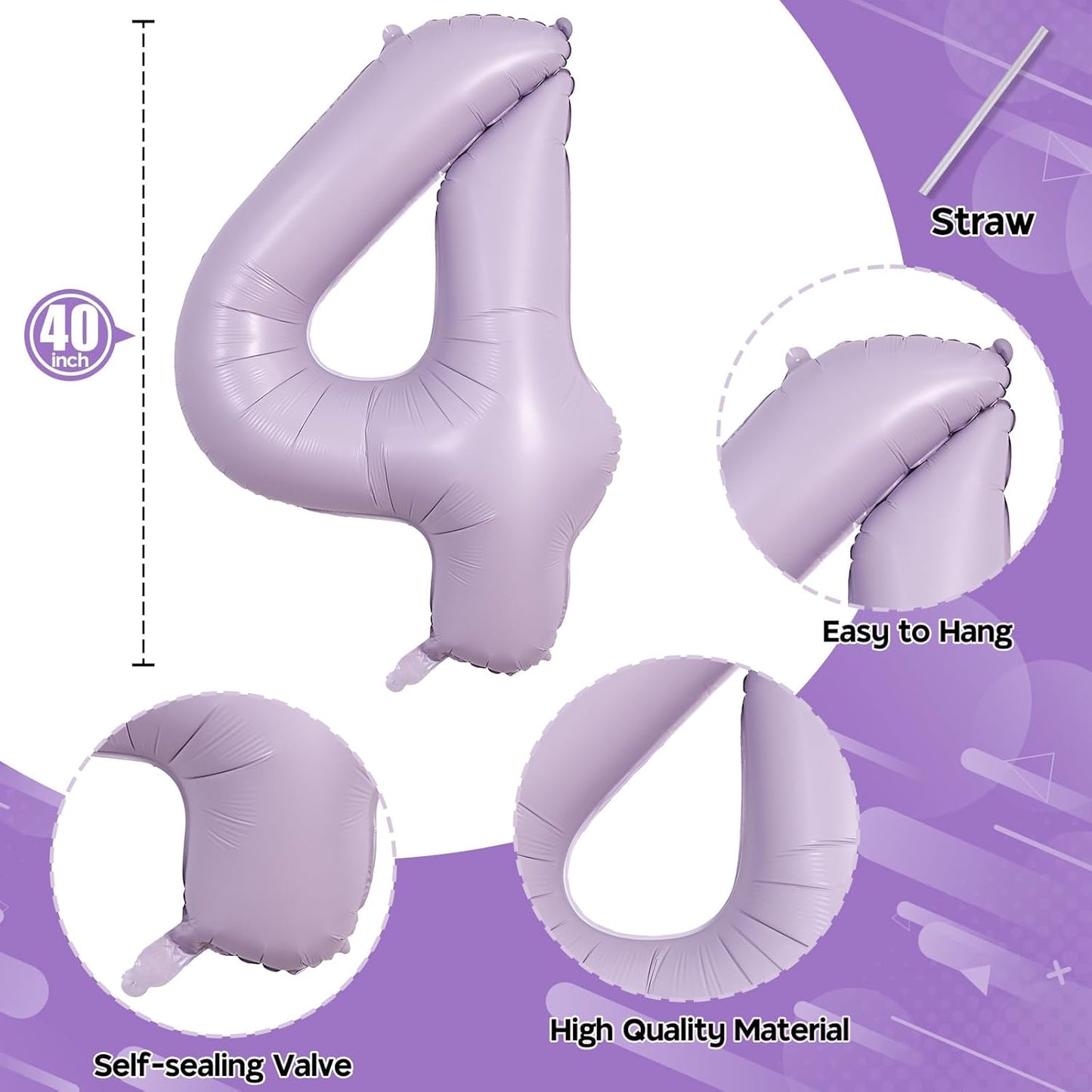 Light Purple Number 40 Birthday Balloons, 40 Inch Large Pastel Dusty Purple Mylar Foil Number 4 & 0 Balloons for Women, 40th Birthday Balloons for 40 Year Old Anniversary Party Decorations Supplies