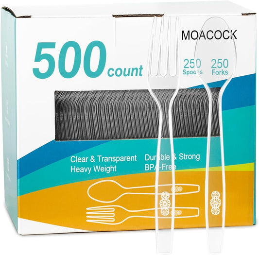 500 Count Plastic Silverware, Heavy Weight Plastic Forks Spoons Disposable Utensils Cutlery Set for Wedding Party Supplies Everyday Use