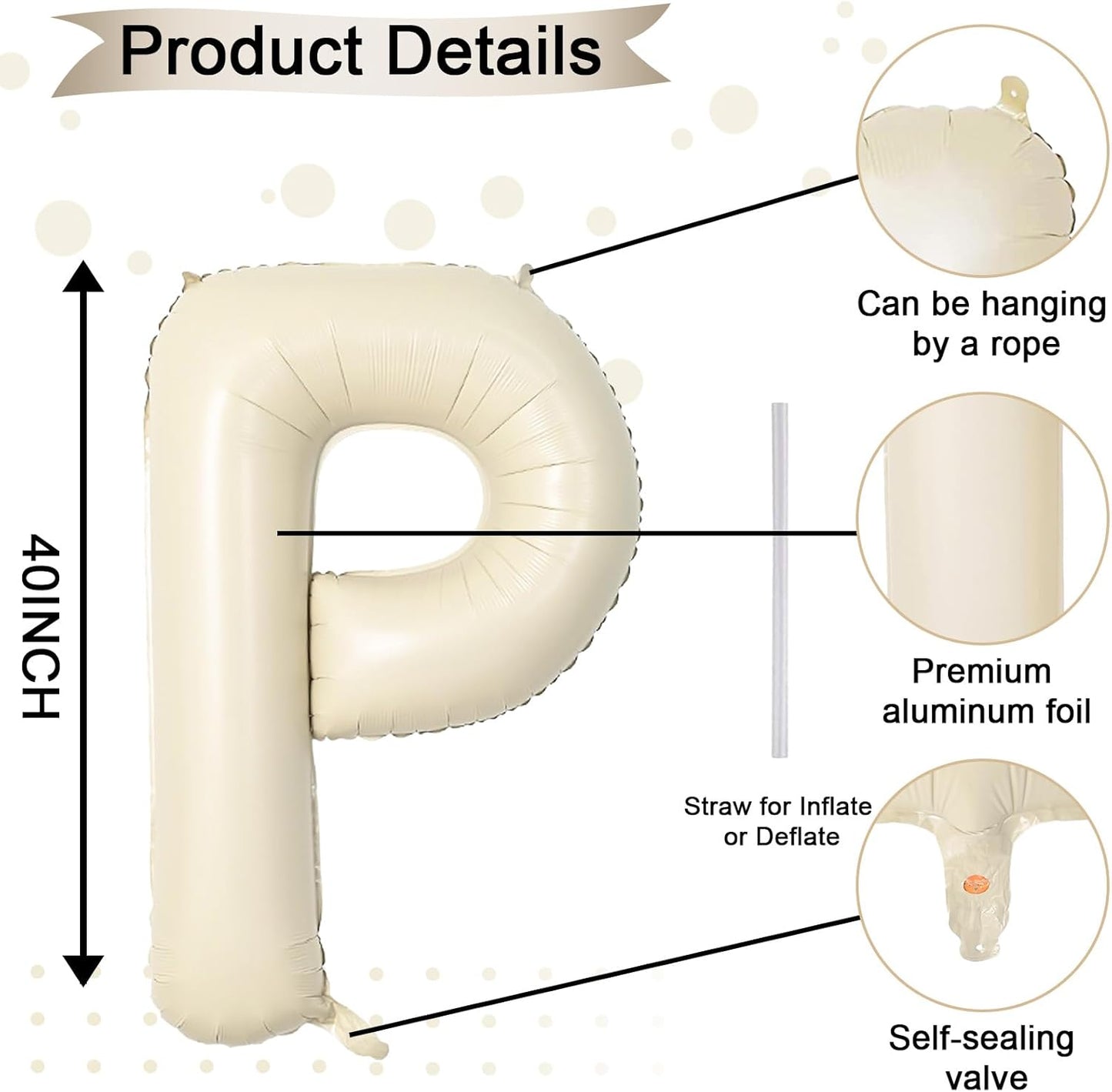 40 Inch Letter Balloons P, Big Custom A-Z Alphabet Foil Name Balloon Cream White, Self Inflating Beige Customize Helium Balloon Letters P for Women Girls Birthday Bride Baby Shower Party Decorations