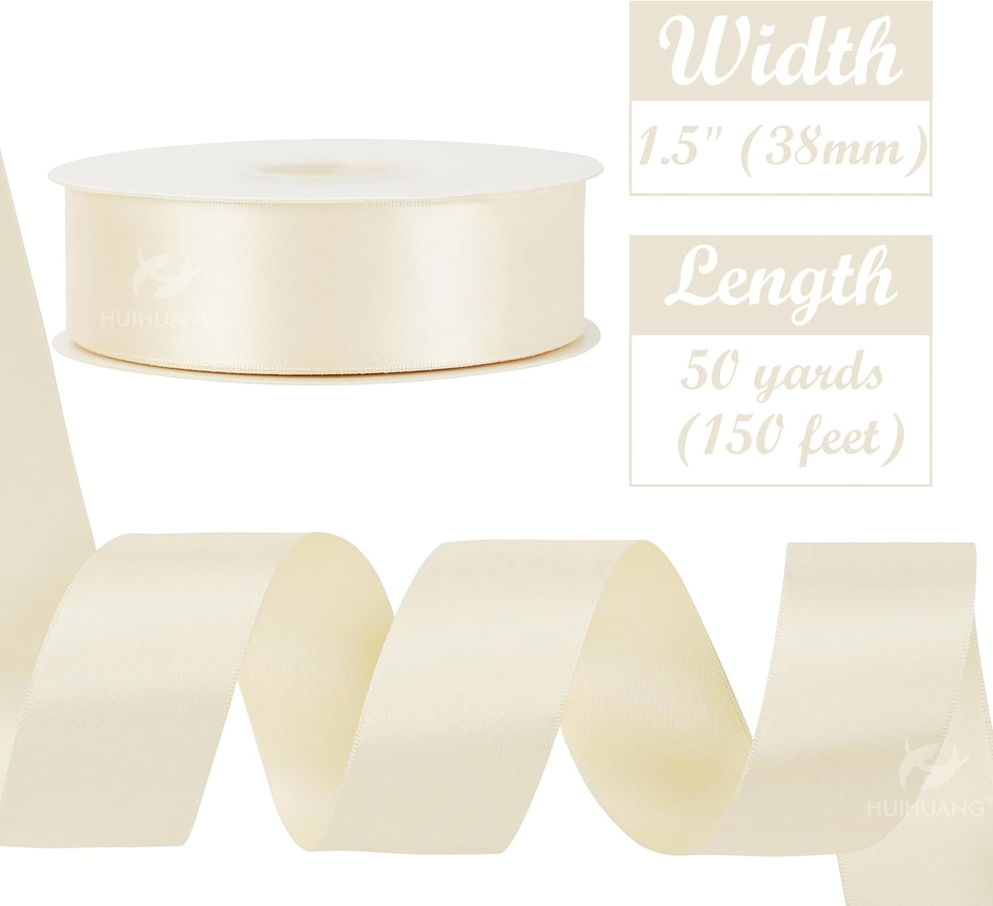 HUIHUANG Ivory Satin Ribbon 1.5 inch Double Face Satin Ribbon Silk Like Cream 50 Yards Per Roll for Gift Wrapping Bows Making Floral Bouquet Wedding Invitations Decor Party Favor