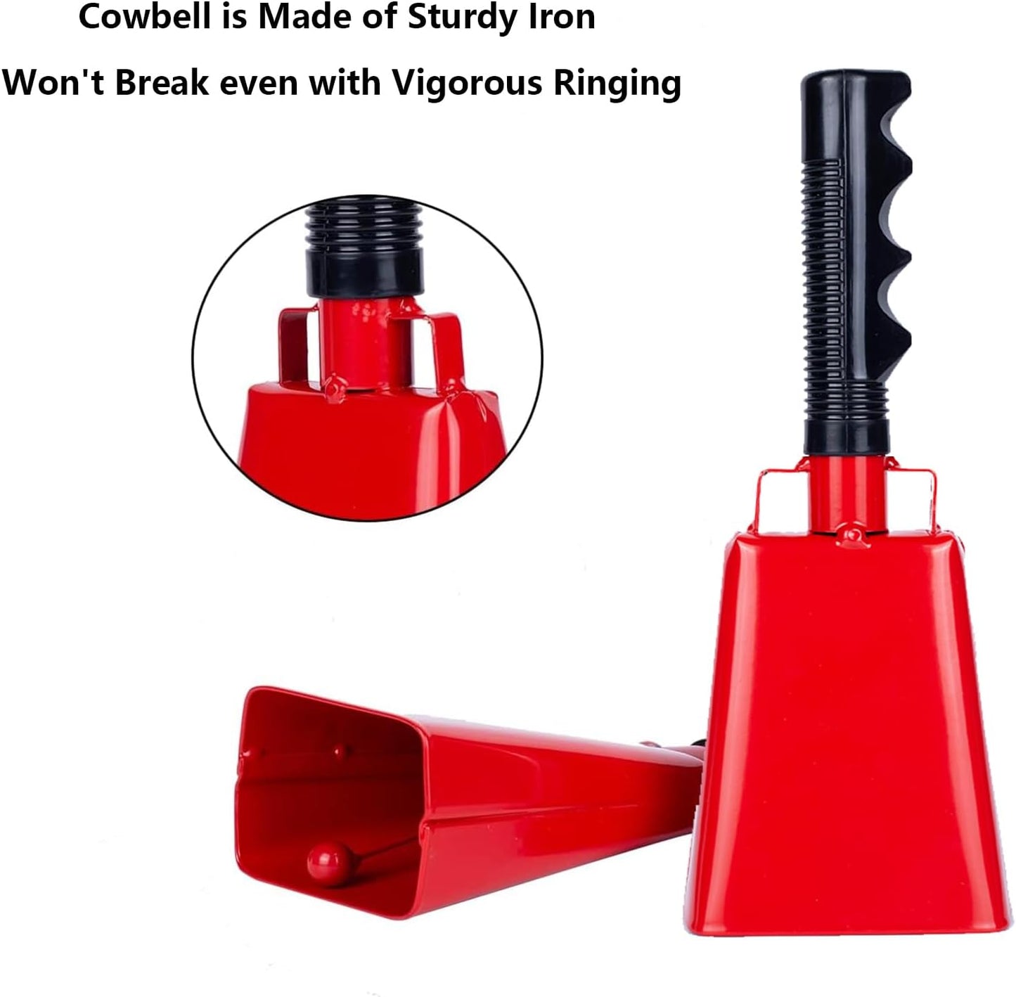 Steel Cowbell with Handle 8 Inch Cow Bells Noise Makers, 2 Pack Large Cowbells for Sporting Events, Hand Percussion Cowbells Cheering Bell for Football Game Party Concert Graduation School (Red)