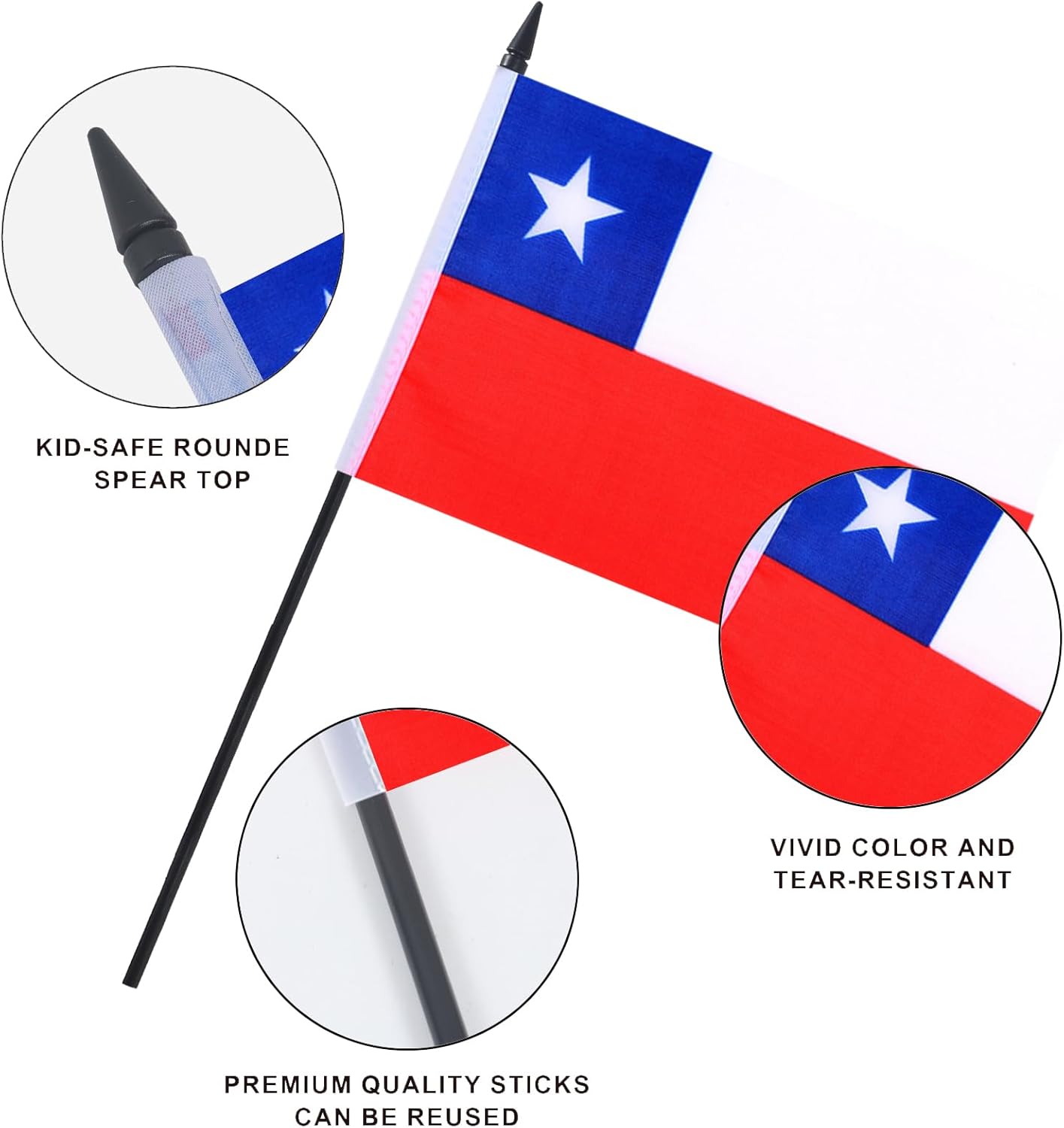 Chile Desk Flag 12" Solid Pole Deluxe Set Chilean Flags Banner Mini Small Chile Office Table Flags with Black Stand Base Desktop Decorations(2Pack)