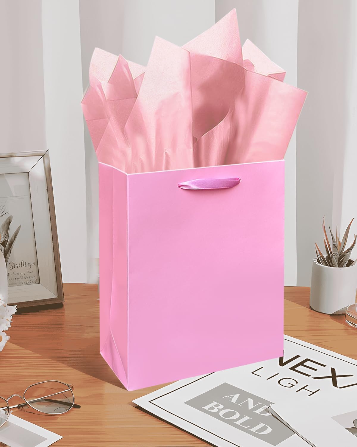 Gcardist Pink Gift Bags with Tissue Paper for Wedding, Birthday, Party Supplies-7.9"x4.3"x9.6" Medium Size Cardboard Gift Bags（16pcs Bags +32pcs Tissue Paper ）