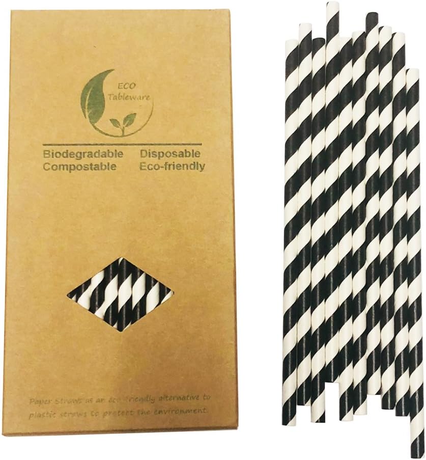 Biodegradable Black Striped Paper Straws, Pack of 100 Disposable Black White Stripes Paper Drinking Straw for Restaurants, Juices, Smoothies