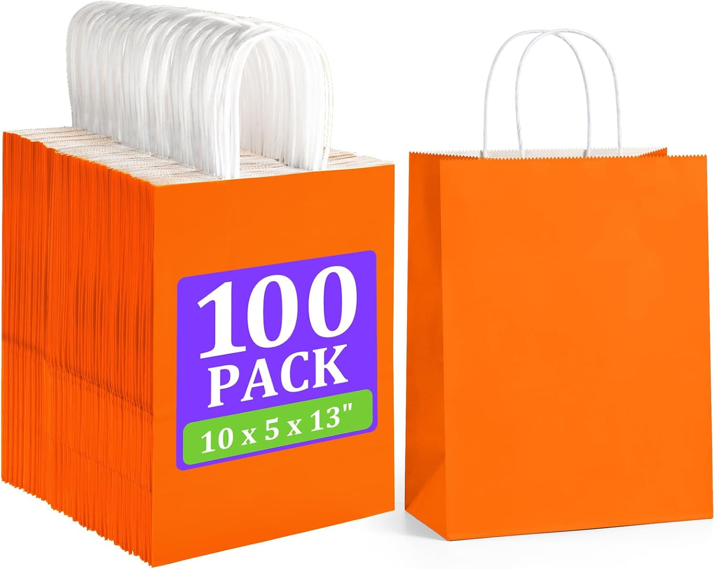 BagDream Orange Gift Bags 10x5x13 Inch 100Pcs Large Kraft Paper Bags Bulk for Halloween, Sporting Party Favors, Fall Festivals, Wedding, Shopping, Retail, Grocery