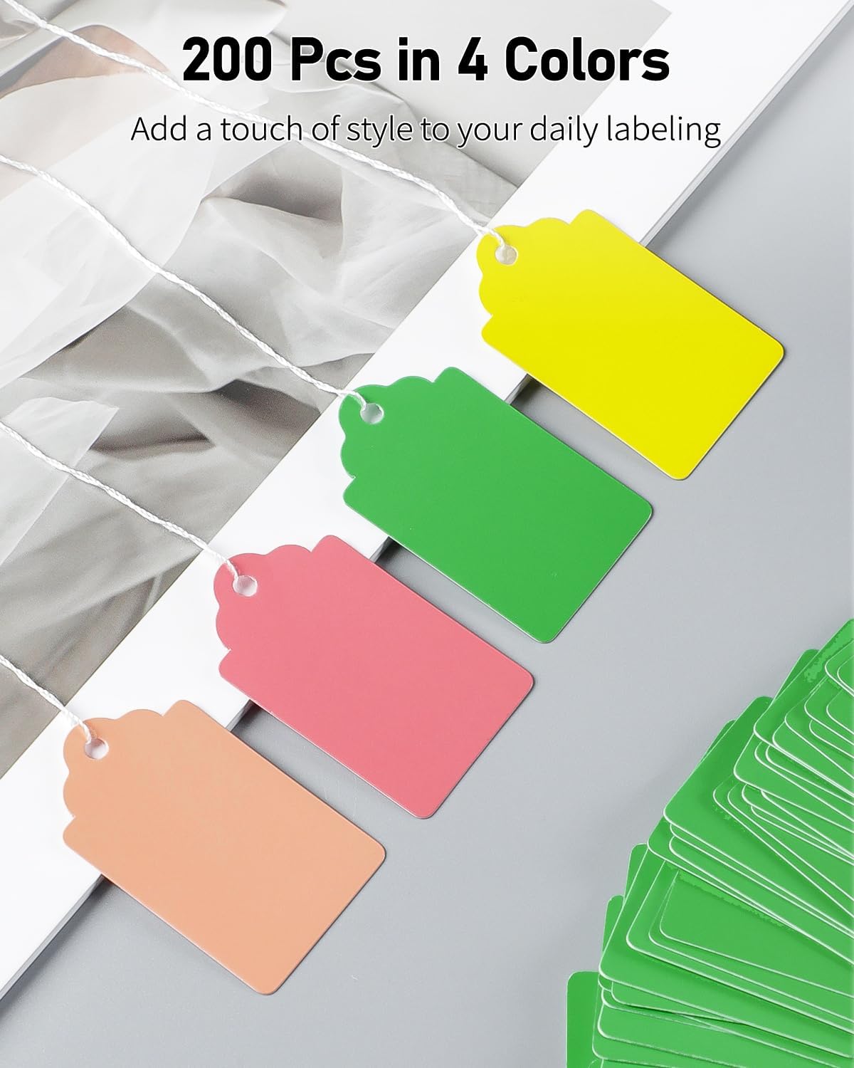 Uniclife 200 Pcs Price Tags with String Attached 1.8 Inch Writable Colored Hang Tag String Tags for Pricing Clothing Jewelry Price Display Labels Blank Merchandise Marking Paper Tag, 1.8" x 1.05"