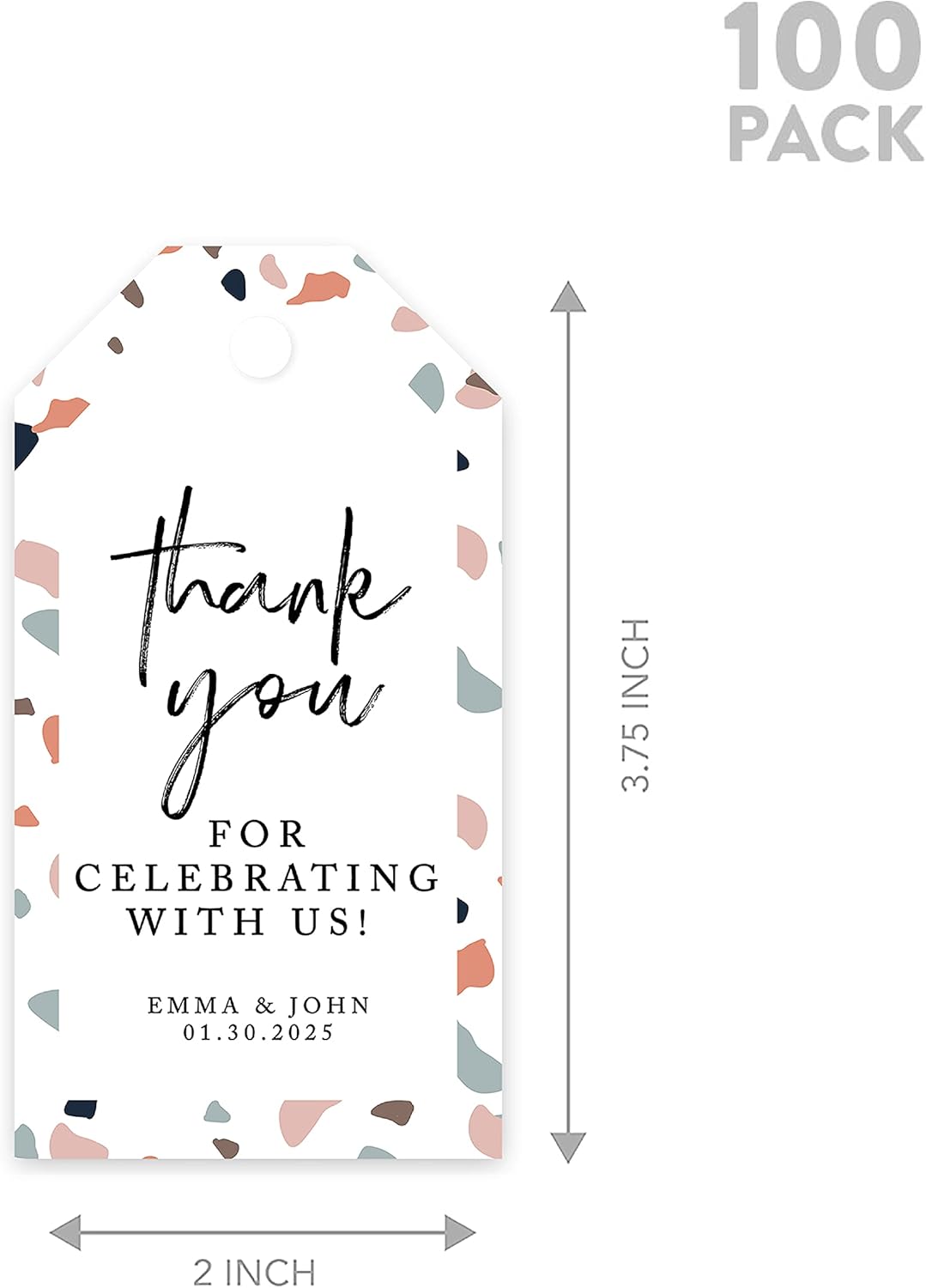 Andaz Press 100-Pack Personalized Thank You Tags with Bakers Twine Terrazzo Custom Cardstock Gift Tags for Wedding Party Favors 2 x 3.75-Inches