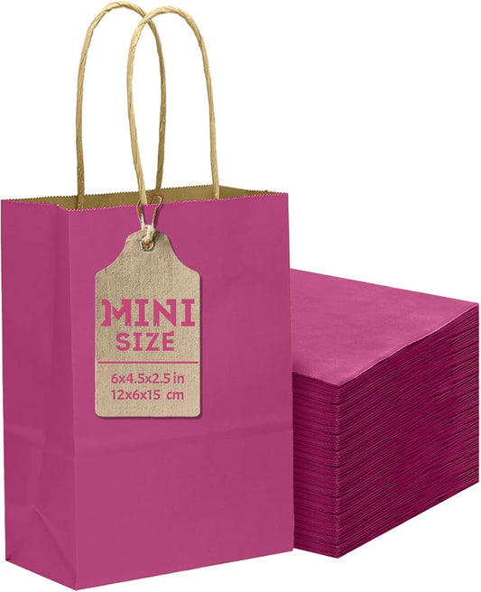 qiqee 24 Pcs Rosy Mini Paper Gift Bags with Handles 6"x4.5"x2.5" Small Brown Kraft Party Favor Treat Bags Multiple Uses (Mini size)