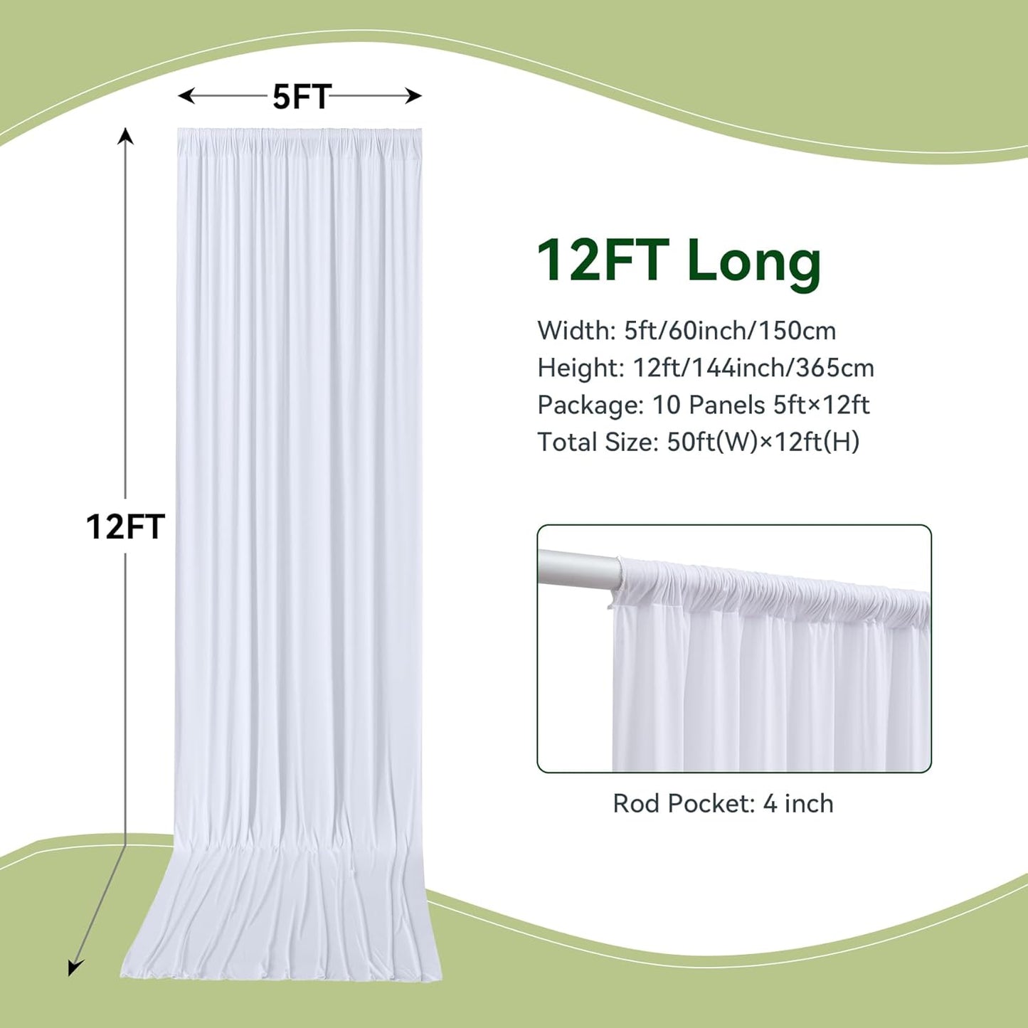 50×12ft Wrinkle Free White Backdrop Curtain, Soft Silky Draping Wedding Drapes for Backdrop 10 Panels 12 ft Long Backdrop Curtains for Birthday Baby Shower Photo Photography Background Cloth