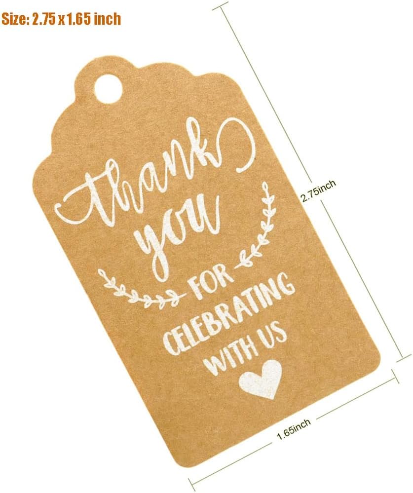 100 Pcs Kraft Paper Tags, Thank You for Celebrating with Us Tags with 20 Meters Jute Twine for Wedding Thanksgaving Christmas Party Arts and Crafts DIY Favor