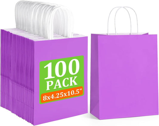 BagDream 8x4.25x10.5 Inch 100Pcs Purple Gift Bags Medium, Kraft Paper Bags with Handles Bulk for Welcome Party Favors, Baby Shower, Goody, Treat, Retail, Grocery Paper Sacks