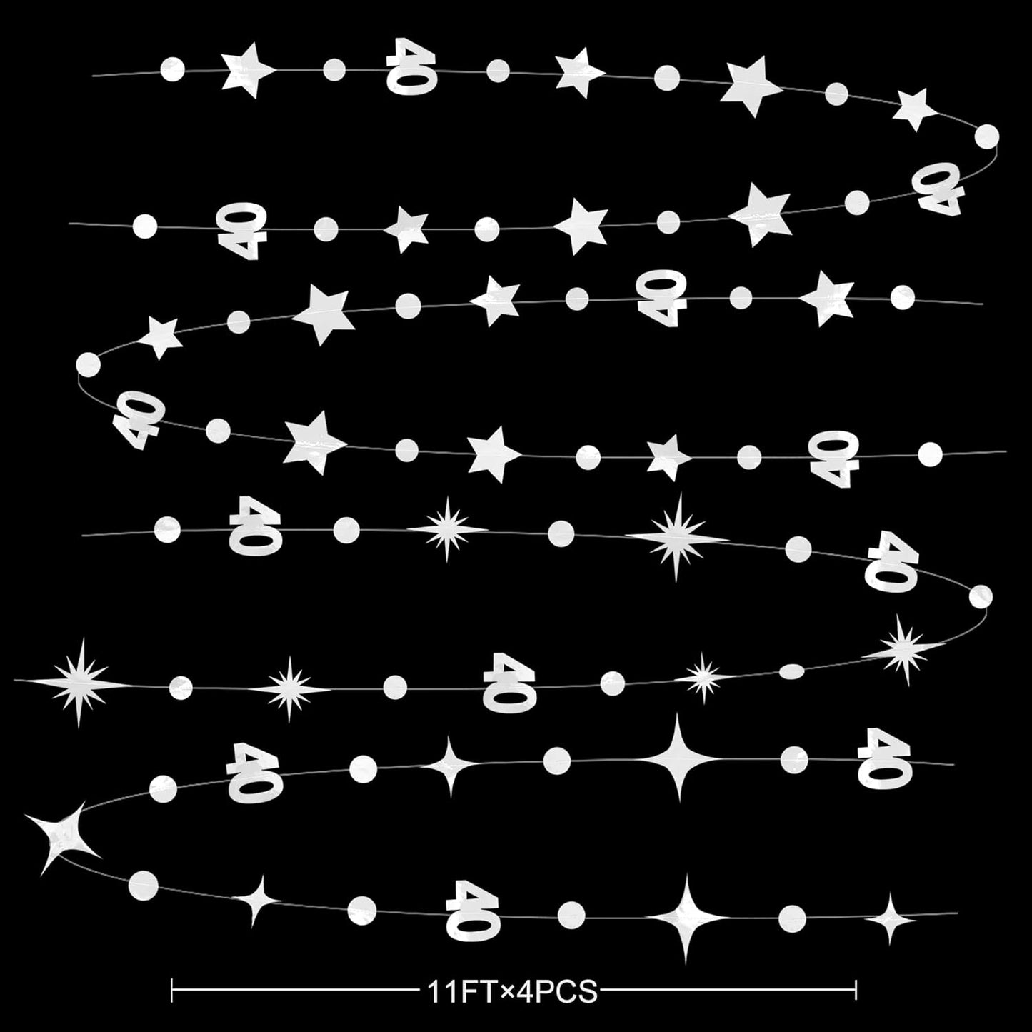Silver 40th Birthday Decorations Number 40 Circle Dot Twinkle Star Garland Metallic Streamer Banner Backdrop for Women Mens Cheers to 40 Years 40 and Fabulous Happy 40th Anniversary Party Supplies