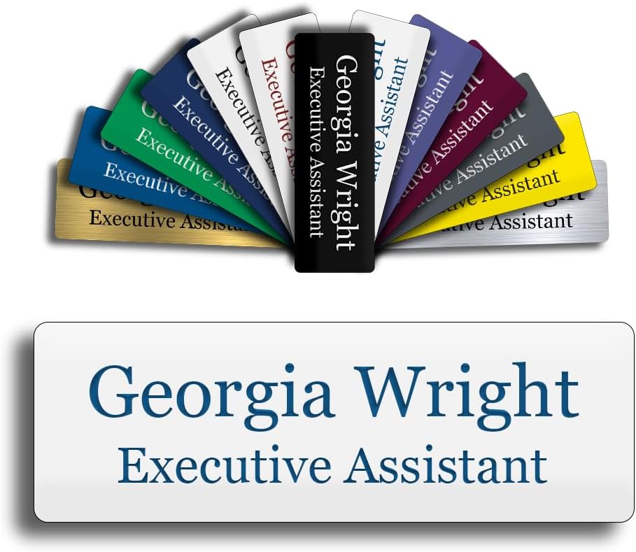 Custom Engraved Name Tag 1" x 3" Personalized Badge Magnetic or Pin Backing Made in The USA by Gem Awards (White w/Blue Text)