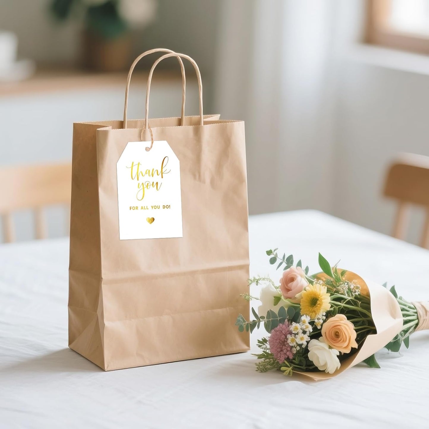 joycraft Thank You for All You Do Tags - 50Pcs Gold Foil Thank You Gift Tags with String, 3.3x2.2in Paper Gift Wrap Hangtags for Wedding, Teacher Appreciation, Mother's Day Thanksgiving, Christmas