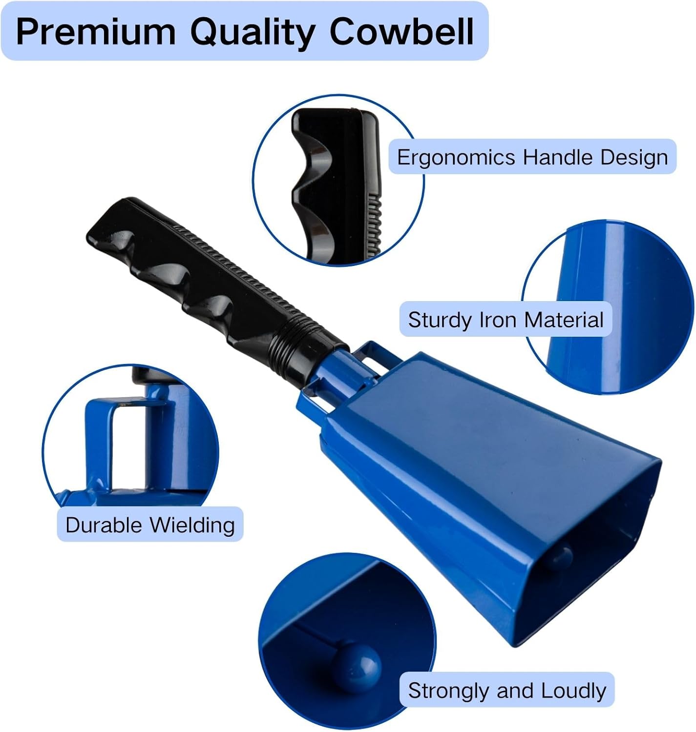 Steel Cow Bell with Handle 8 inch Cowbells Noise Makers, 2Pcs Large Cowbell for Sporting Events, Hand Percussion Loud Cheering Bell for Football Games Christmas Party School Wedding Farm (Blue)
