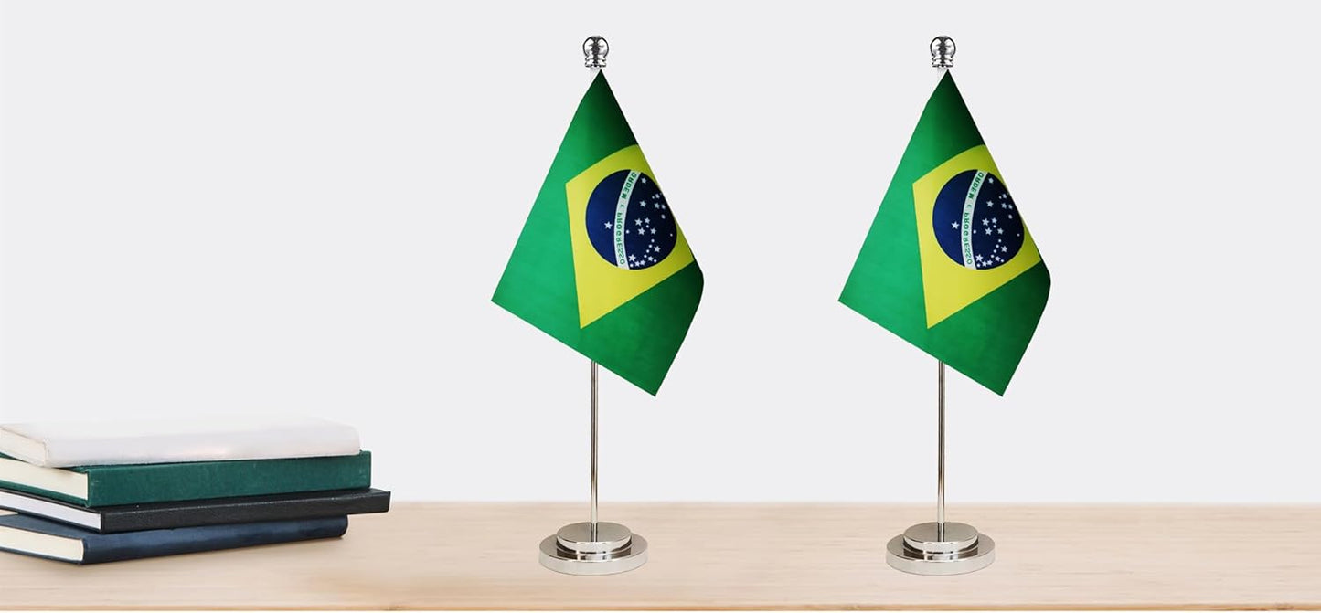 Brazil Brazilian Deluxe Desk Flag Set Small Mini Miniature Brazil Brazilian Table Desktop Flags,Festival Events Celebration,Office Decoration-2 Pack