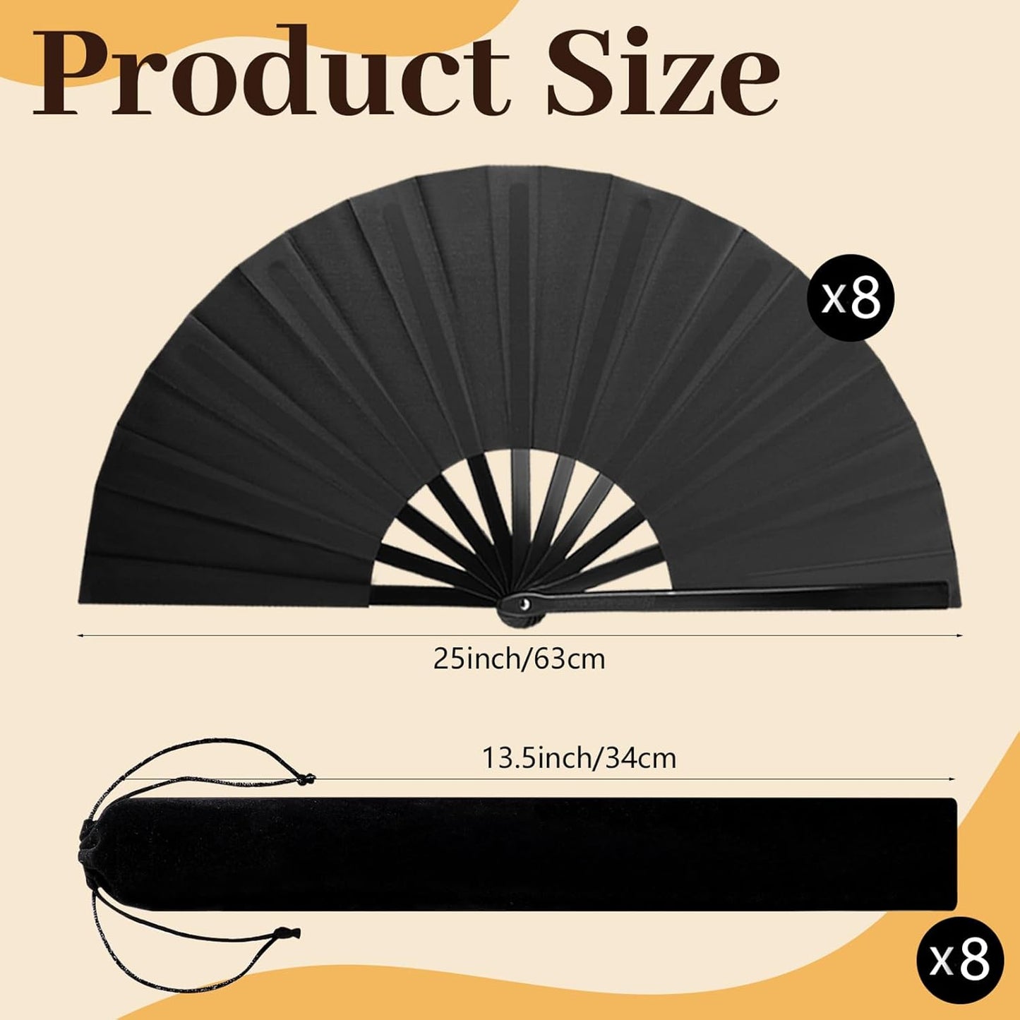 8PCS Large Chinese Folding Fans with 8 Fan Sleeves, Boots on The Ground Hand Fans Bulk, Clacking Fans for Line Dancing, Popping Fans for Line Dancing (Black)