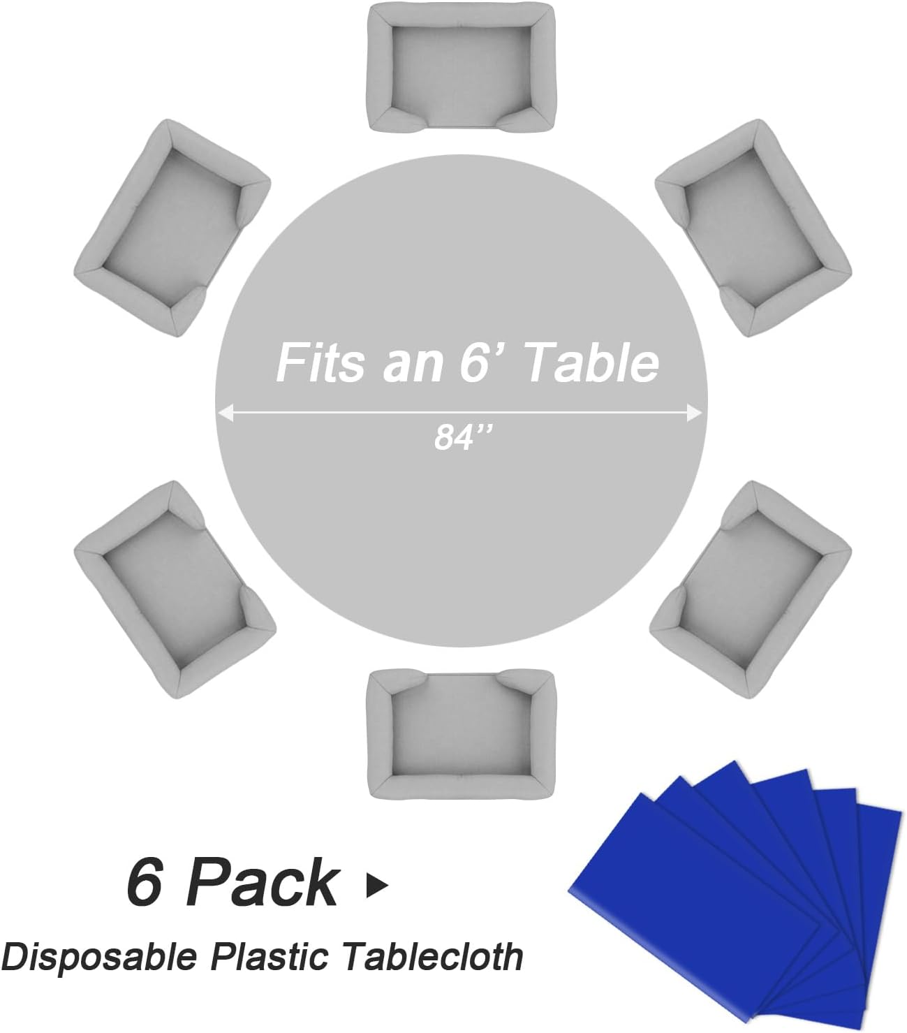 QIKSION Dark Blue Round Tablecloth 6 Pack, 84 Inch Plastic Table Cover Disposable for Parties