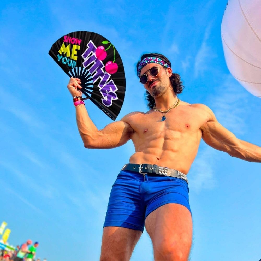 Kandies World UV Reactive Custom Festival Folding Hand Fan - Unique Designs, Made of Bamboo, Clacking Sound, Lightweight - Perfect Rave and Festival Accessory!