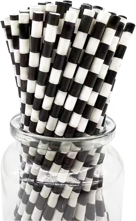 Biodegradable Black White Checkered Straws, 100 PCS Racing Car Straws Disposable Black Striped Paper Drinking Straw for Checkered Party Supplies, Treat Stick and Cake Pop Sticks
