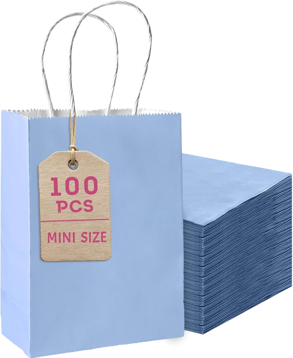 Bakepacker 100 Pcs Light Blue Mini Paper Gift Bags with Handles 6"x4.5"x2.5" Party Favor Bags Multiple Uses (Mini size)