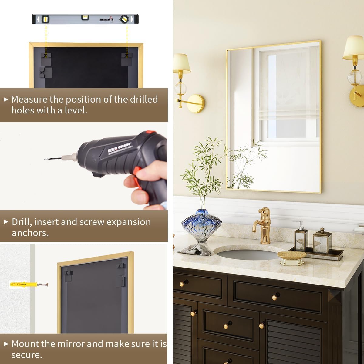 BEAUTYPEAK Gold Bathroom Wall Mirror - 20" x 28" Rectangular Mirror with Metal Frame, Hangs Horizontal or Vertical for Living Room Bedroom Bathroom Entryway