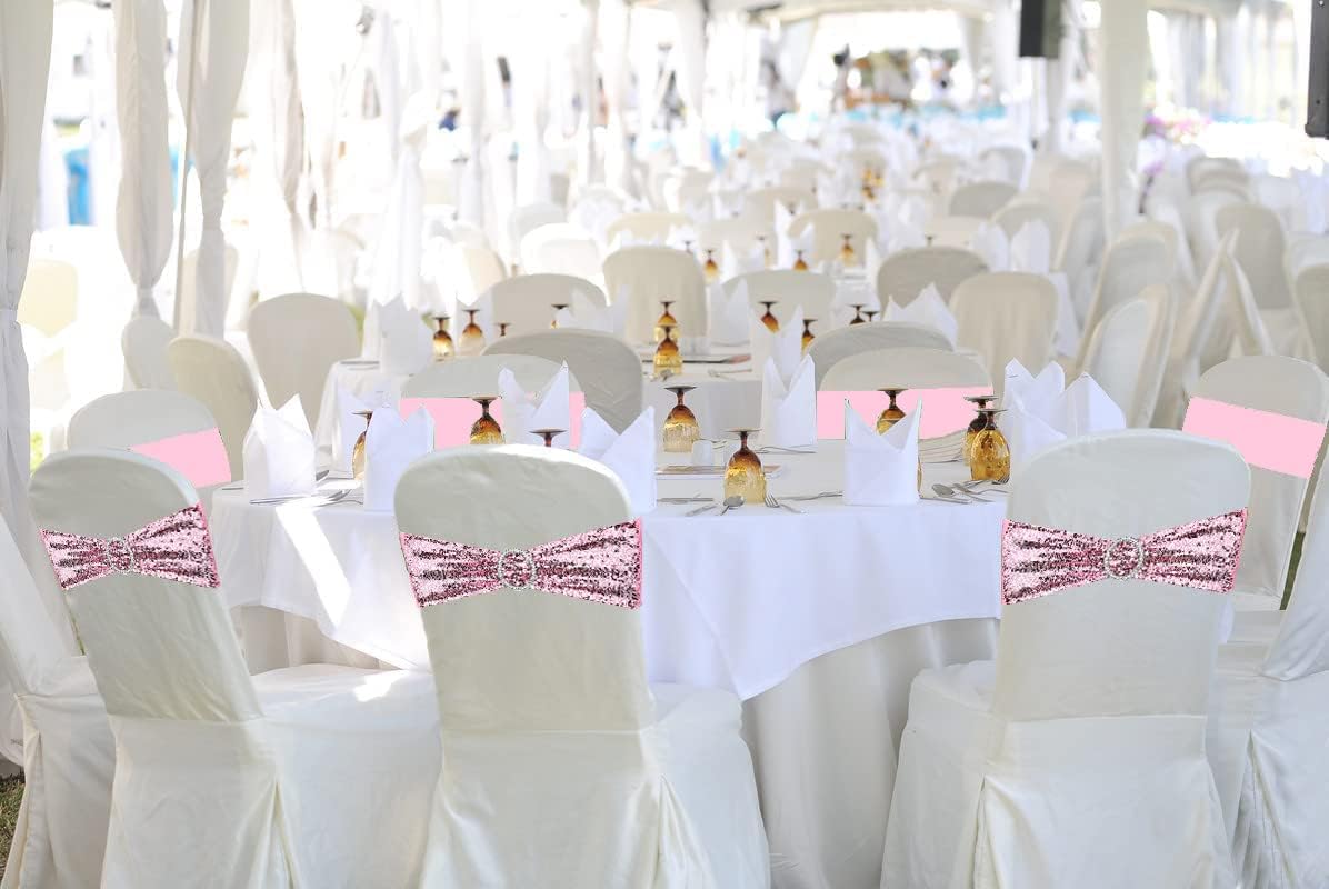 10 Pcs Chair Sashes Sequin Stretch Chair Bands Spandex Polyester Bows for Party Hotel Wedding Banquets Decoration - Pink