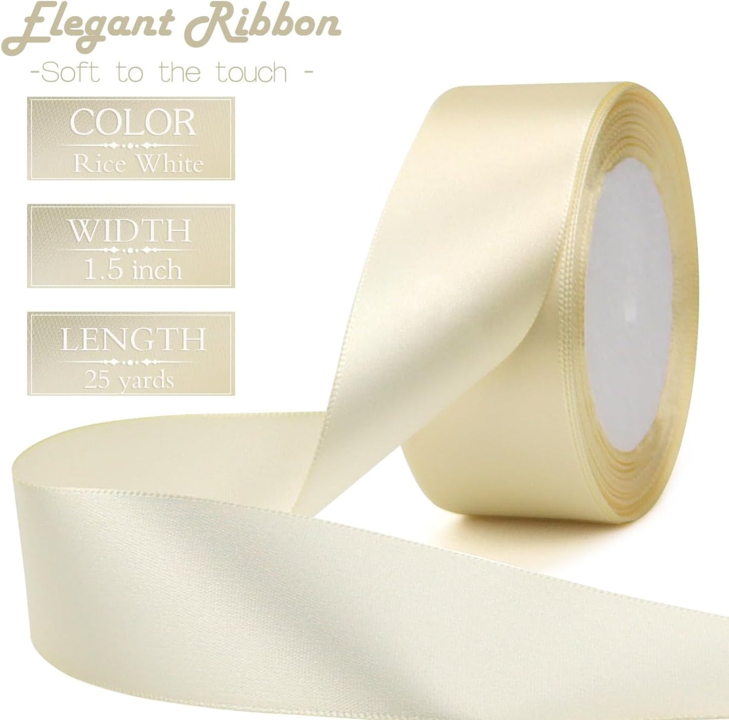Rice White Solid Satin Ribbon 1-1/2 Inch 25 Yards Solid Polyester Fabric Ribbon for Gift Wrapping Wedding Christmas Baby Shower Birthday Party Decoration Handmade Immortal Flower Craft