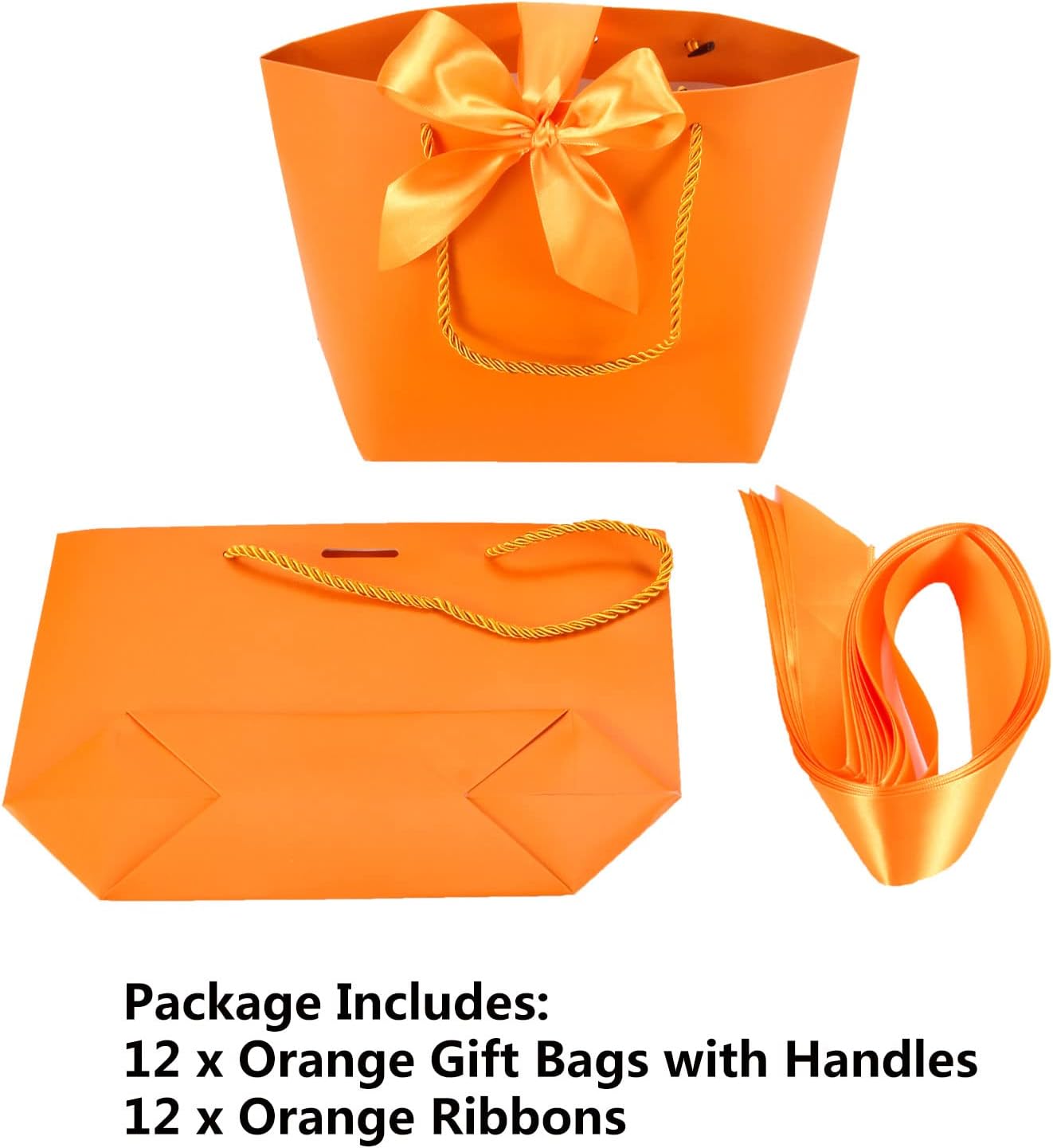 HUAPRINT Gift Bags with Handles,Party Favor Bags with Bow Ribbon,12Pcs Orange Paper Bags for Birthday Wedding Bridesmaid Present Celebration Holiday