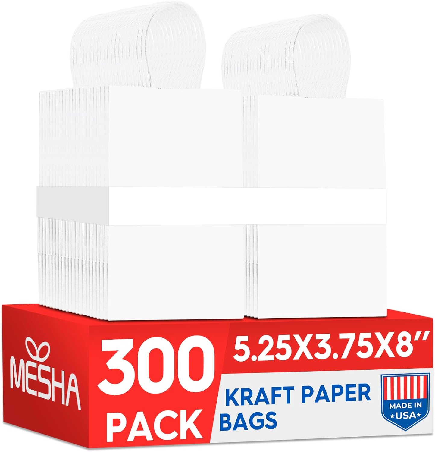 MESHA Gift Paper Bags 300 PACK 5.25x3.75x8'' White Small Shopping Kraft Bags Bulk with Handles Reusable for Business Grocery Birthday Wedding Kids Party Favors(Made in USA)