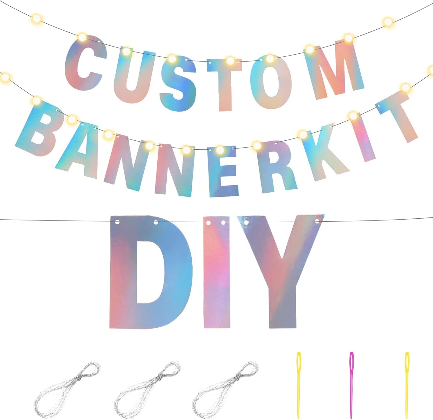 TaoBary 112 Pcs DIY Letter Kit Glitter Customizable Banner Letters Include 107 Letters and Numbers 3 Rope and 2 Needles for Birthday Halloween Christmas Wedding Valentine Party Decor(Holographic)