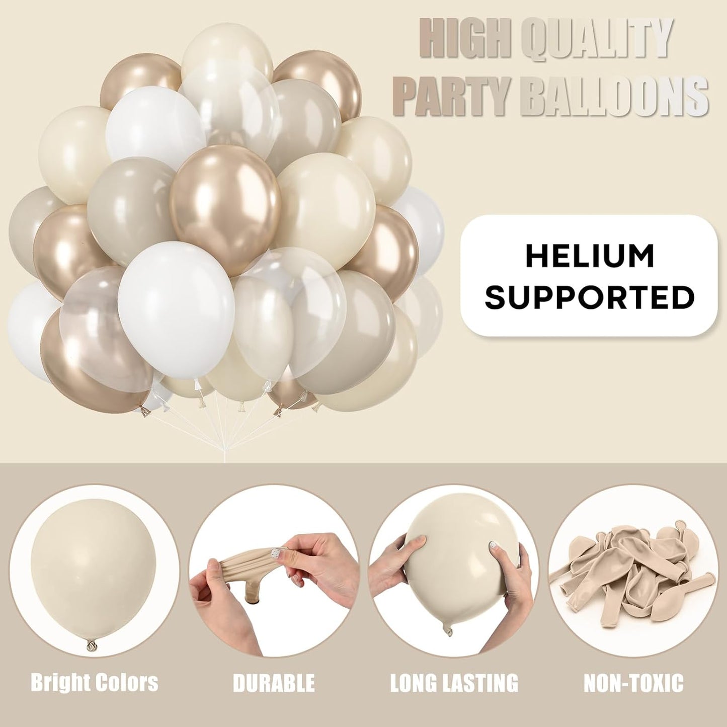 Beige White Gold Balloons, 60PCS Nude Metallic Champagne Gold Cream White Clear Balloon Ivory White Sand Transparent Neutral Balloons for Birthday Boho Wedding Anniversary Engagement Party Decoration