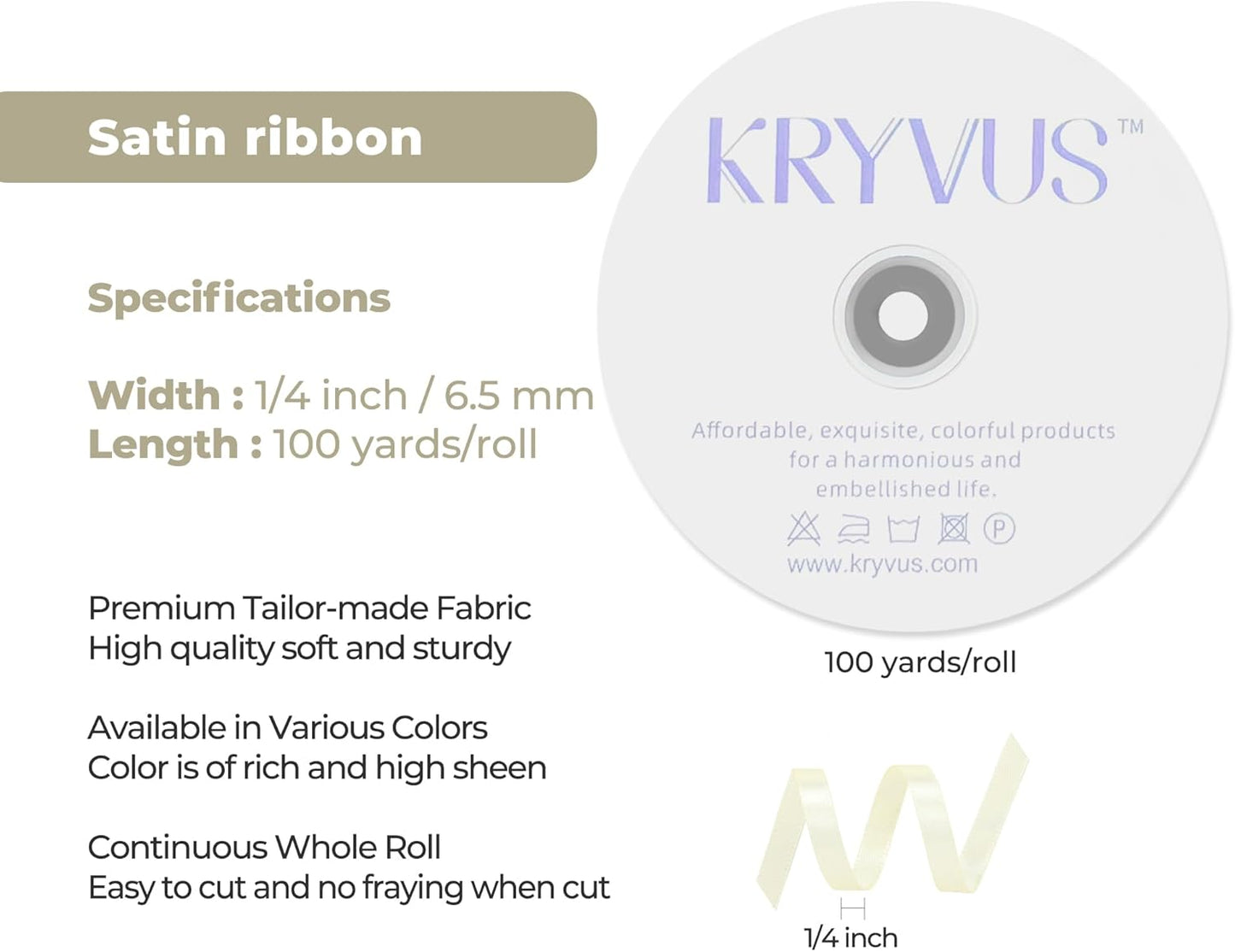 Beige Satin Ribbon 1/4 inch X Continuous 100 Yards, Single Face Polyester Ribbon Perfect for Gift Wrapping, Flower Bouquet, Wedding Decor, Crafts, Bow Making, Sewing and More