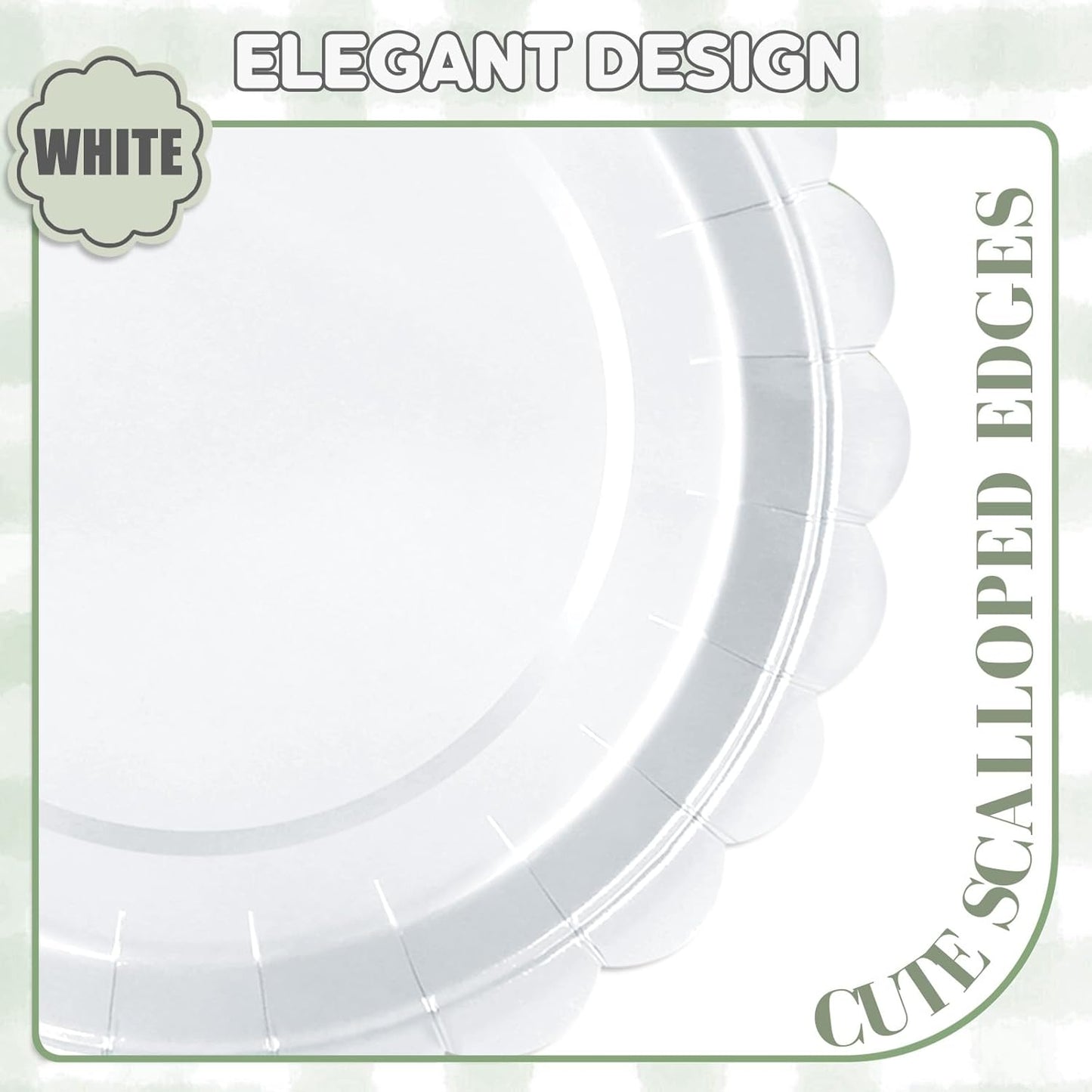 48 Pcs White Paper Plates 9 Inch Scalloped Dessert Plates - Disposable Sage Green Cake Plate - Baby Shower Birthday Party Wedding Bridal Party Supplies