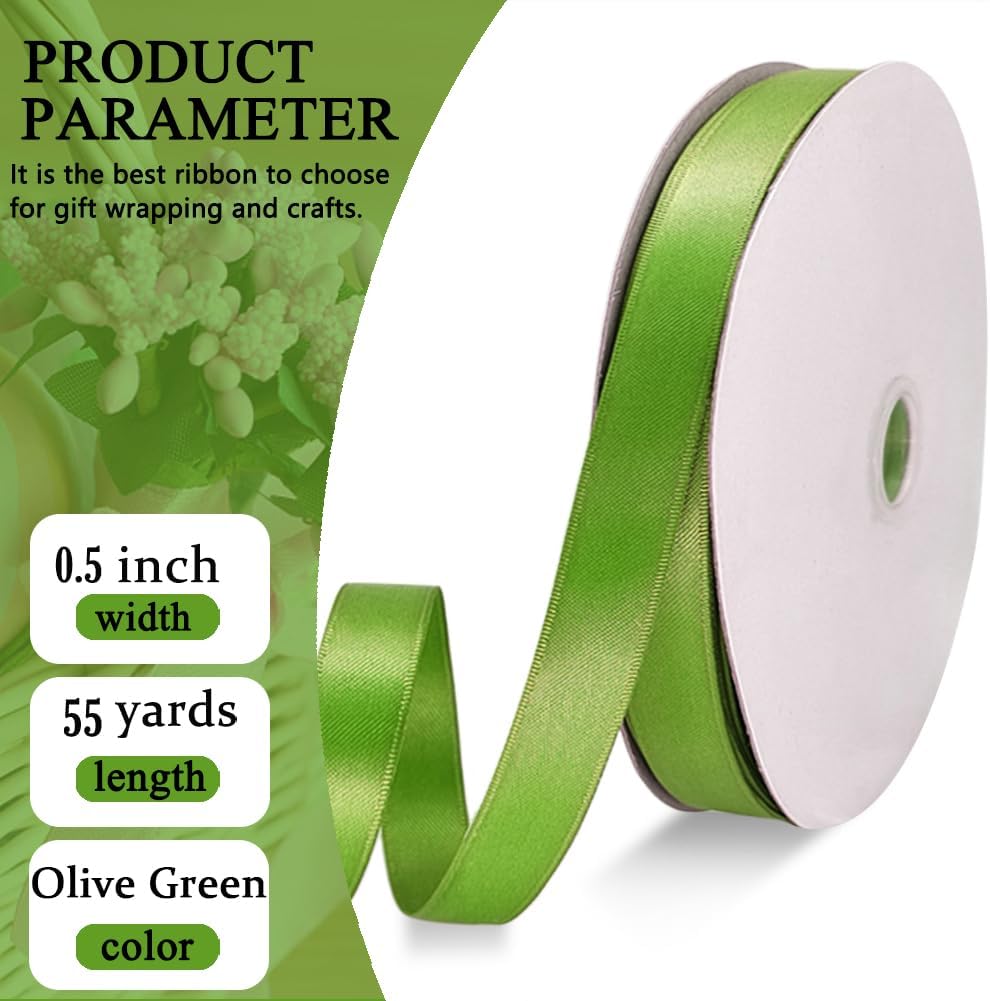 Olive Green Satin Ribbon Double Faced Satin 1/2 inch x 55Yards Polyester Ribbon for Gift Wrapping Crafts Wedding Decoration Bows Ornaments Party Bouquet Floral Arrangement