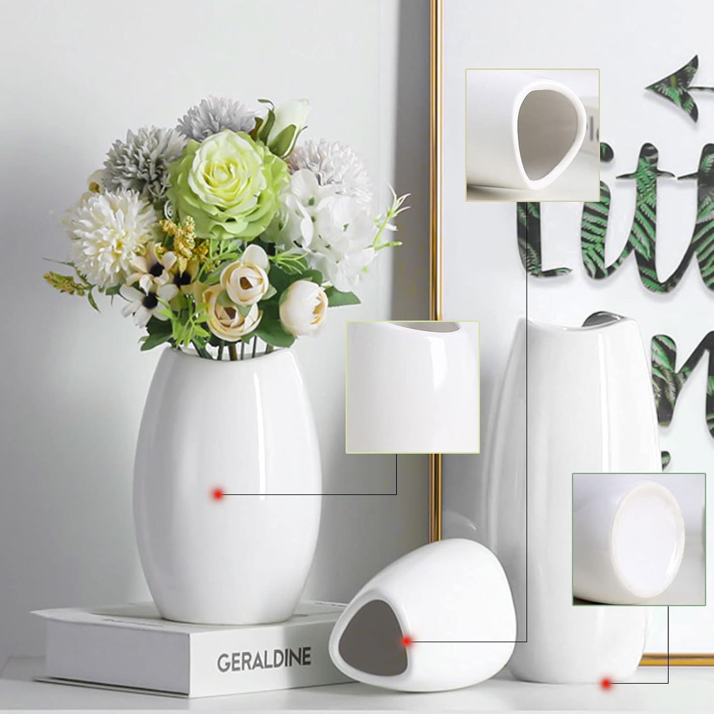 hjn Ceramic Vase Set of 3 White Flower Vase for Home Decor, Modern Decorative Vases for Flowers/Ideal Shelf Decor/Table/Living Room/Kitchen/Office-White