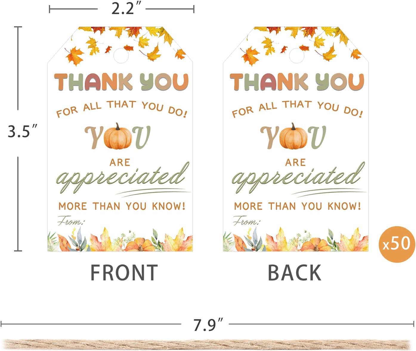 50pcs Thanksgiving Thank You Gift Tags, Friendsgiving Favor Tags with String for Teacher Staff Appreciation Favors Decoration (Appreciation)