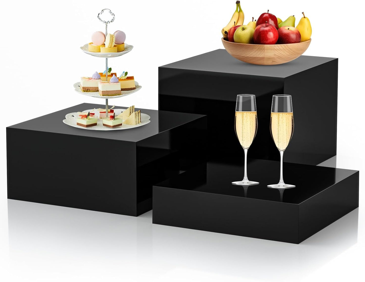 3Pcs Black Buffet Risers Acrylic Boxes Display Food Risers for Buffet Table Platter Parties Weddings Catering Dessert Collectibles Figures Show ( 6''x7''x8'')