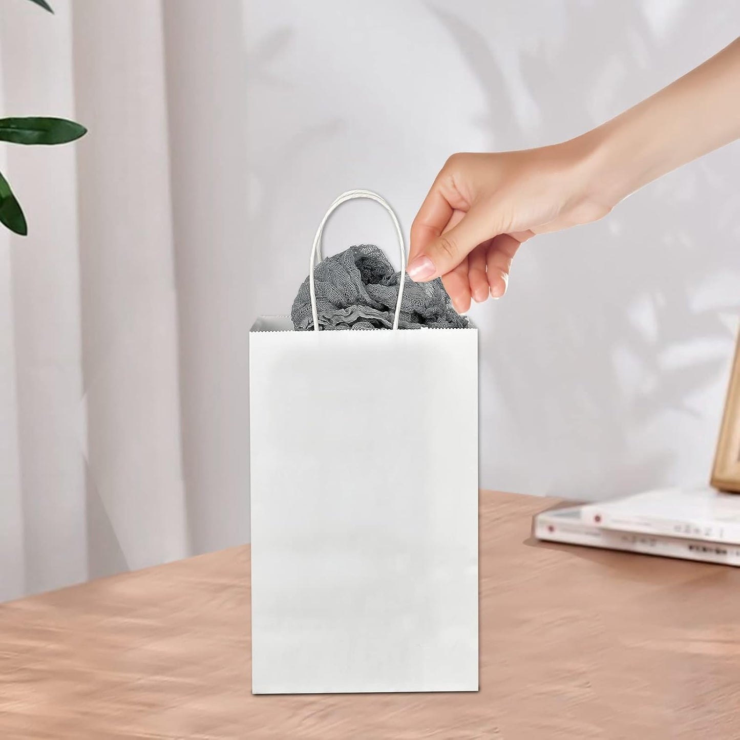 Toovip 50 Pack 5.25x3.25x8.25 Inch Small White Kraft Paper Bags with Handles Bulk, Gift Wrap Bags for Favor Grocery Retail Party Birthday Shopping Business Goody Craft Merchandise Take Out Cub Sacks