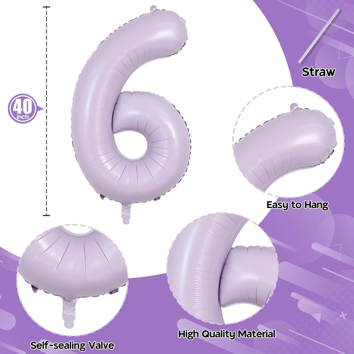 40 Inch Balloon Number 6 Light Purple, Large Foil Pastel Purple 6 Balloons Number for Women, Lavender Globos de Numero 6 Helium Balloons for Girls 6th Birthday Anniversary Graduation Party Decorations