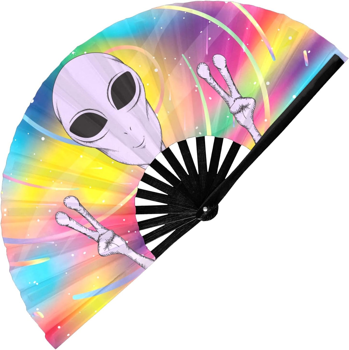 GloFX Rave Fan - Rainbow Alien - Large Folding Fan - Festival Gear for Music Festival Outfits, Rave Enthusiasts, and Cosmic Vibes