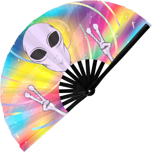 GloFX Rave Fan - Rainbow Alien - Large Folding Fan - Festival Gear for Music Festival Outfits, Rave Enthusiasts, and Cosmic Vibes