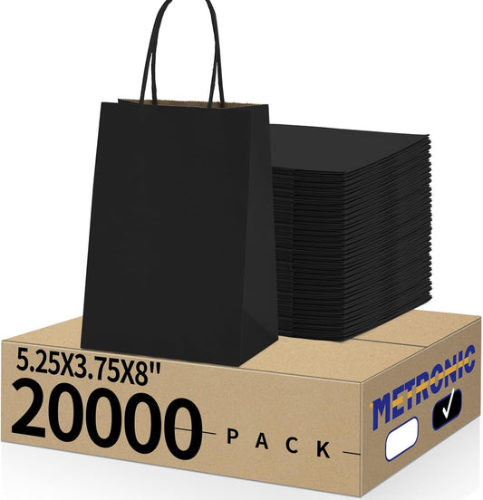 METRONIC Kraft Paper Gift Bags with Handles 5.25x3.75x8 Inch 20000 Pack | Christmas, Birthday Party Favors, Retail Shopping, Small Business Bulk | Black Gift Wrap Bag