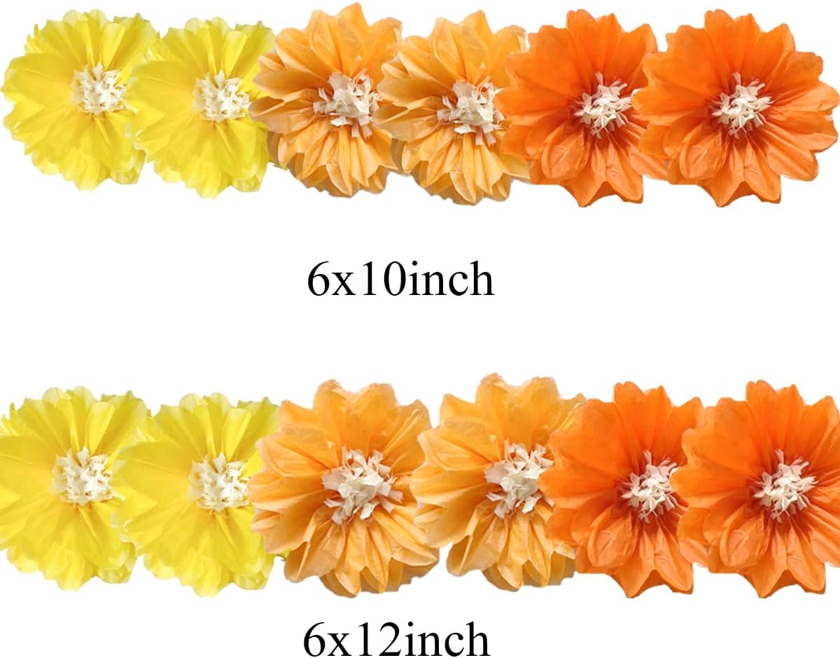 12pcs 10in 12in Paper Flowers Tissue Flowers Pom Paper Pom Poms Hanging Paper Flowers Wall Backdrop Wedding Party Flower Decorations DIY Art Craft Blooms for Birthday Baby Shower Decor Yellow Orange