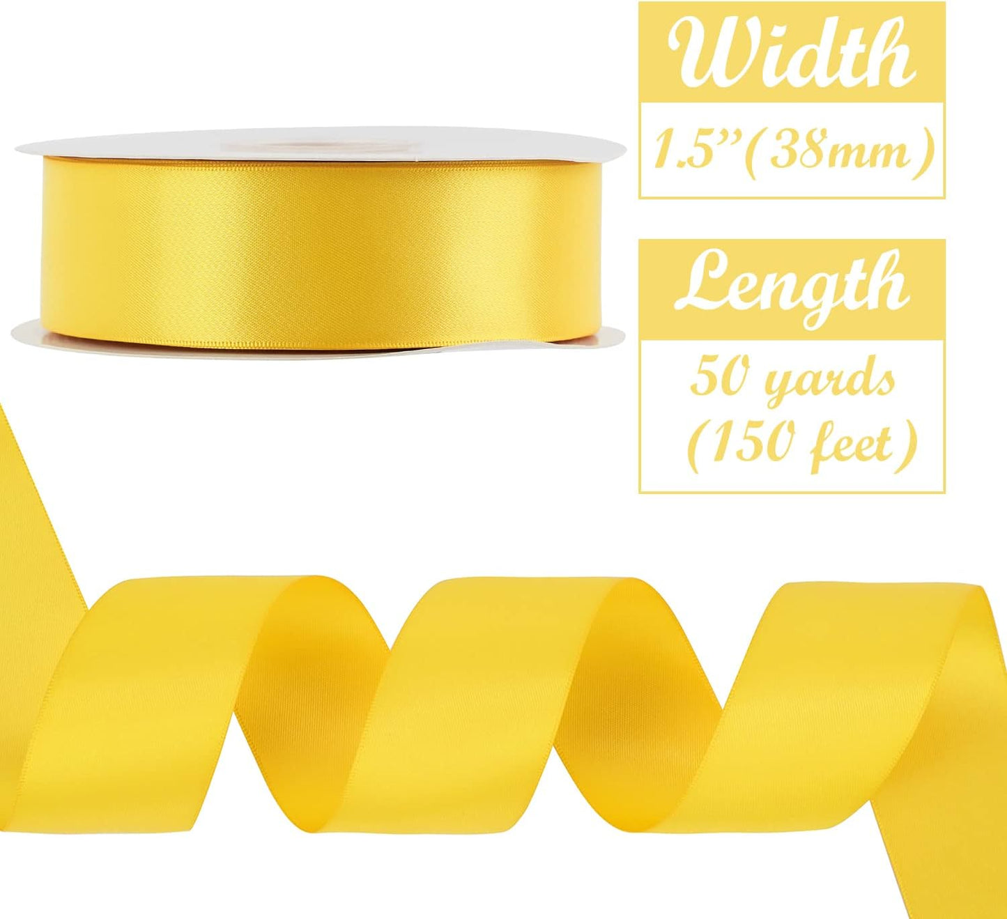 HUIHUANG Yellow Ribbon Satin 1-1/2" Wide Double Face Polyester Satin Ribbons for Crafts, Thick Silk Ribbon for Gift Wrapping Hair Bows Floral Bouquet Cake Box Thanksgiving Decor Party Favor-50 Yards