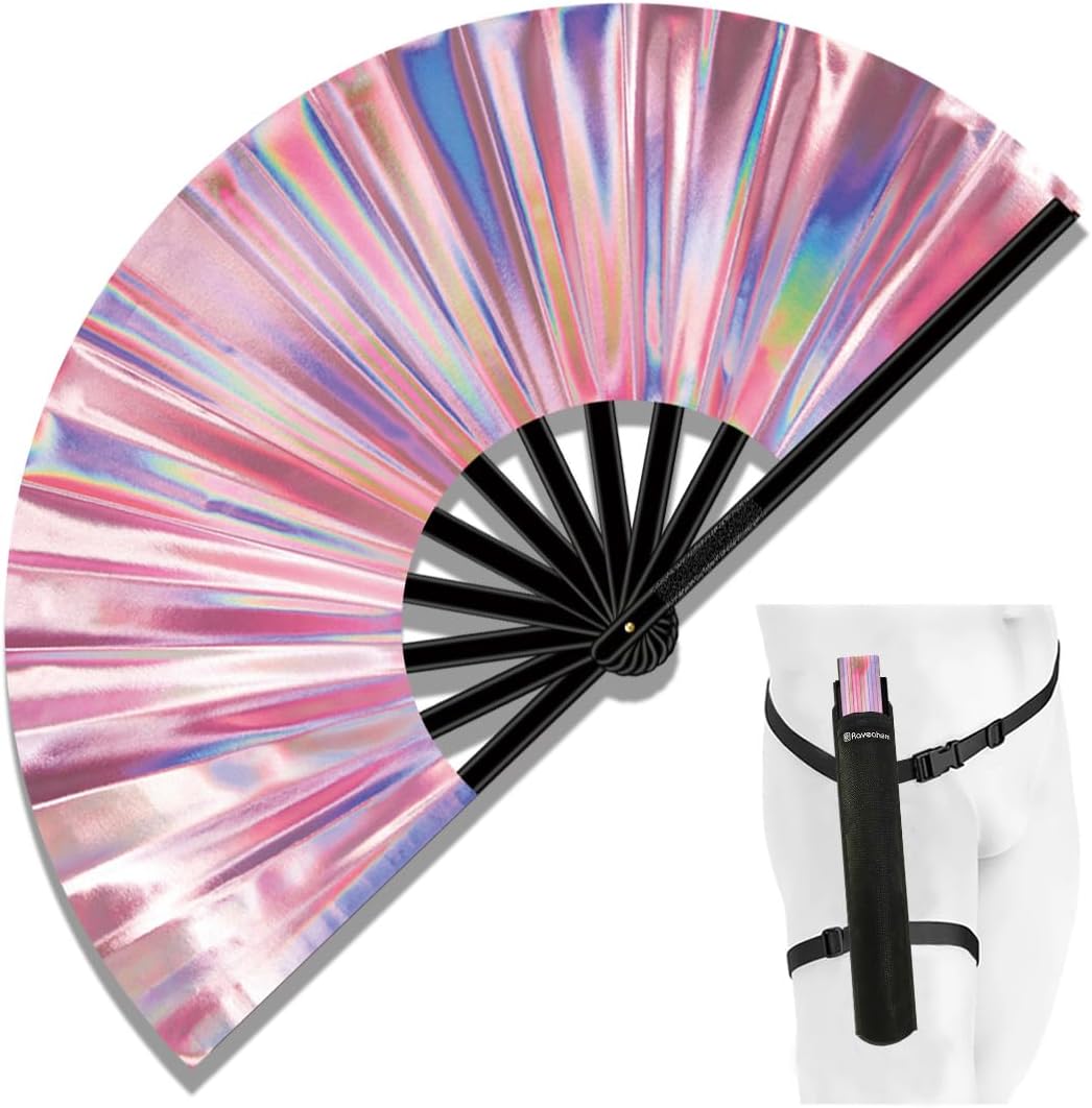13" Large Folding Rave Fan with Holster, Clack Hand Fans Foldable for Line Dancing, Boots On The Ground Fan for Women Men Festival EDM Party Decoration, Holographic Pink