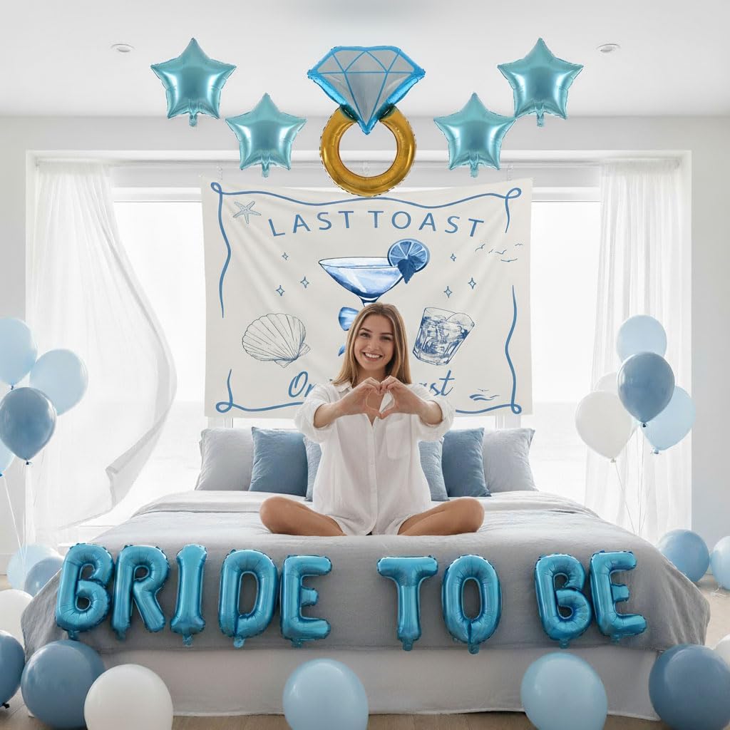 Last Toast on the Coast Bachelorette Decorations Blue bridal shower Blue Balloon Garland Kit with Backdrop BRIDE TO BE letter Diamond Ring balloons for Hen Party Wedding Engagement supplies